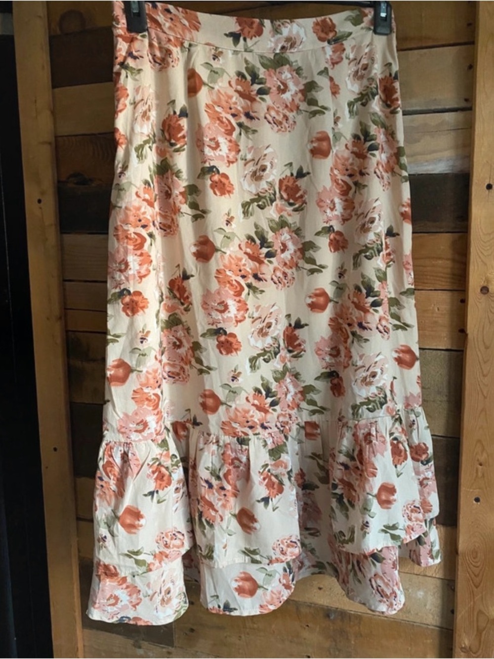 Allegra K Cream Midi Skirt with Peach & Green Floral Print